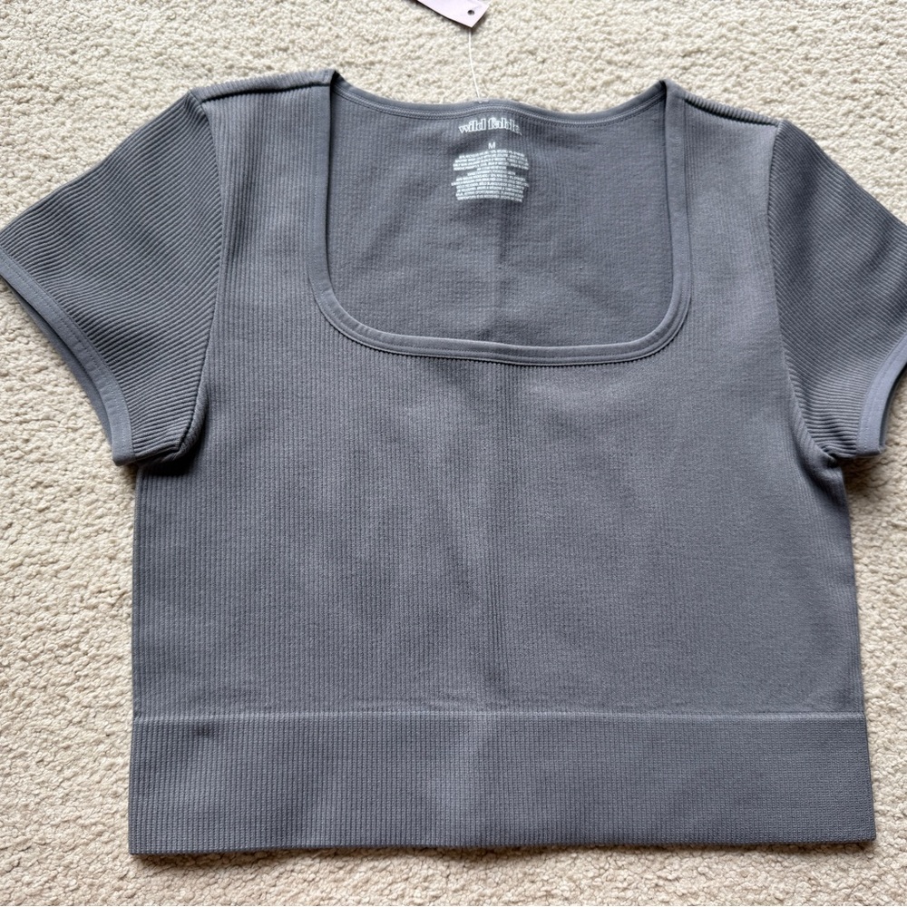Wild Fable Women Shirt Short Sleeve Cropped Crop Seamless Top Tee Ribbed Grey M